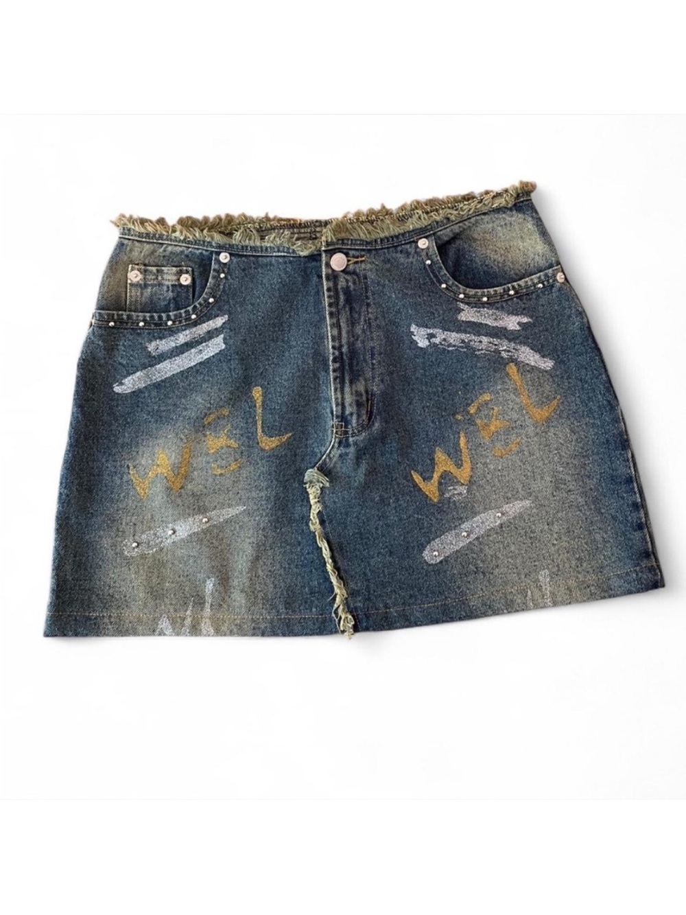 Santa Barbara size 9 Distressed denim mini skirt rhinestones, paint splatters